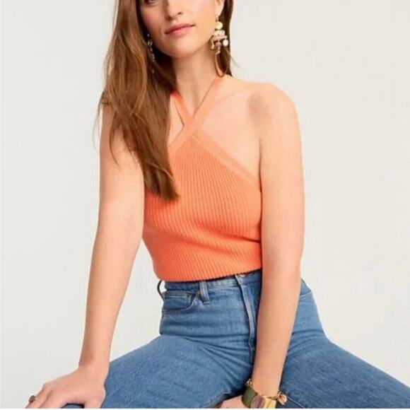 J.Crew Halter Knit Sweater Tank Tie Ribbed Cropped Backless Coral BH467 3X NEW - Picture 1 of 9